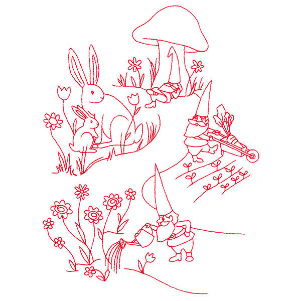 Magical Gnome Scene - In the Garden (Redwork)