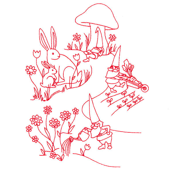 Magical Gnome Scene - In the Garden (Redwork)