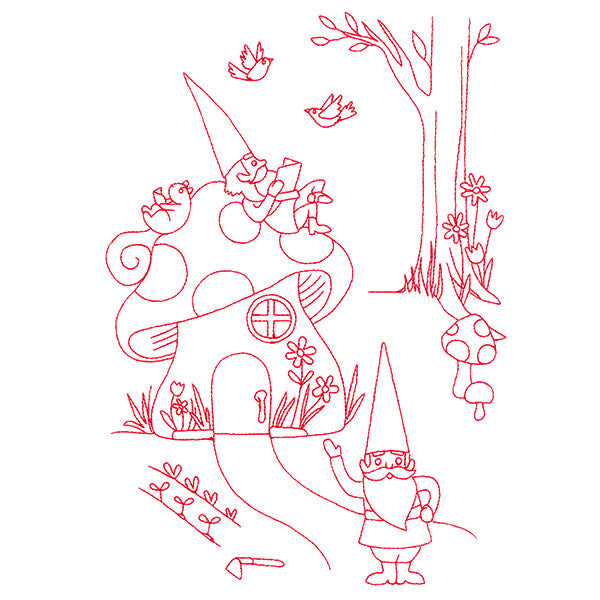 Magical Gnome Scene - Resting at Home (Redwork)