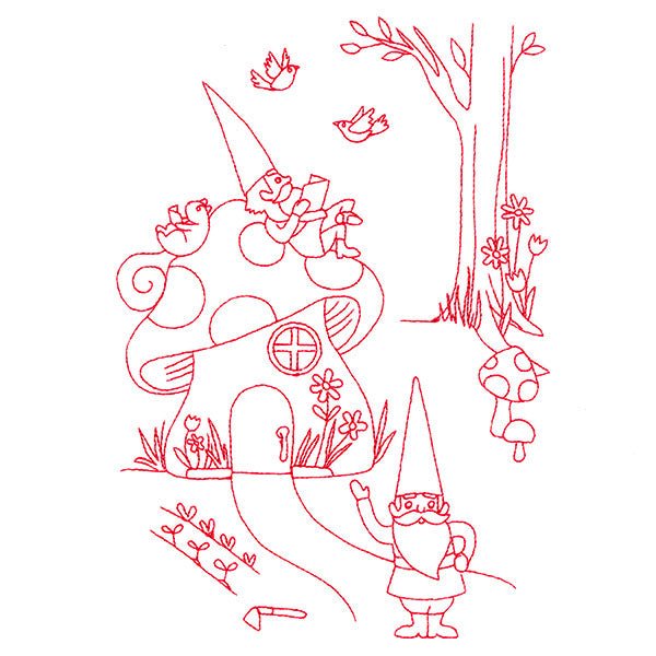 Magical Gnome Scene - Resting at Home (Redwork)