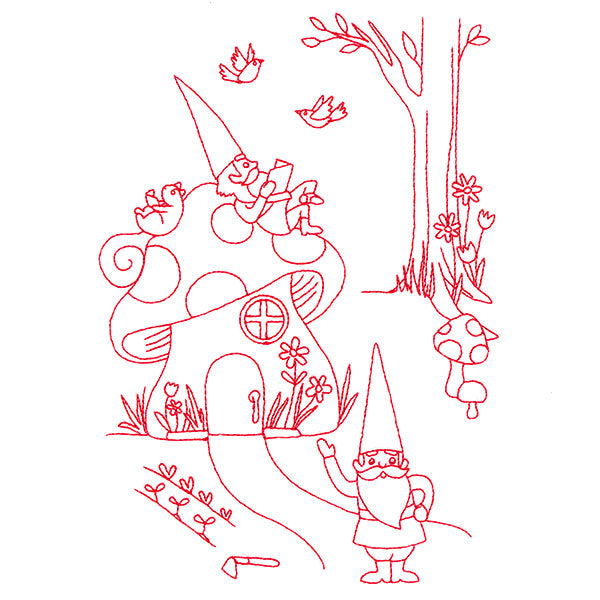 Magical Gnome Scene - Resting at Home (Redwork)