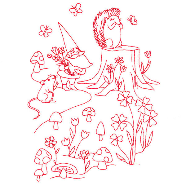 Magical Gnome Scene - Gathering with Friends (Redwork)