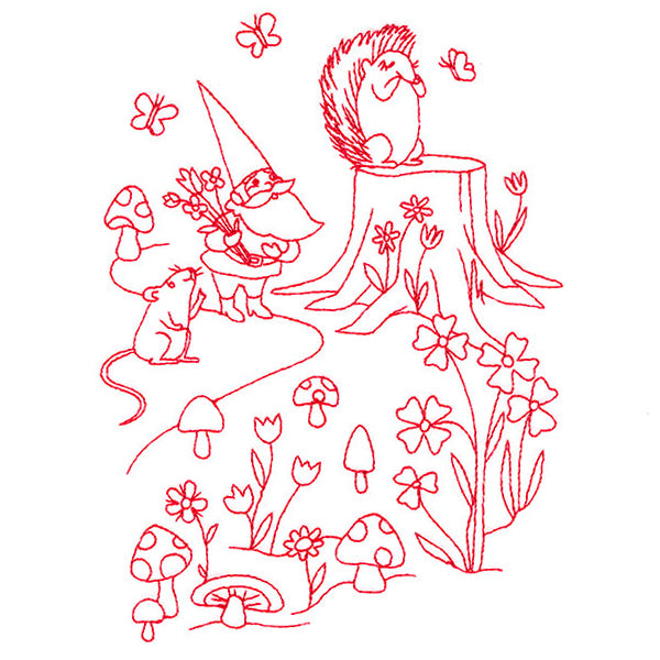 Magical Gnome Scene - Gathering with Friends (Redwork)