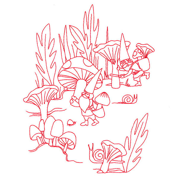 Magical Gnome Scene - Harvesting Mushrooms (Redwork)