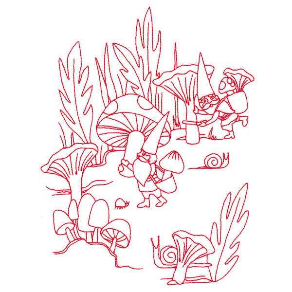 Magical Gnome Scene - Harvesting Mushrooms (Redwork)