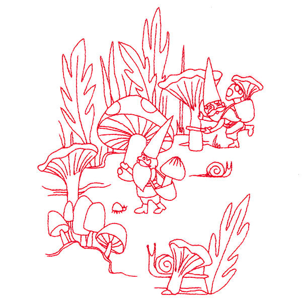 Magical Gnome Scene - Harvesting Mushrooms (Redwork)