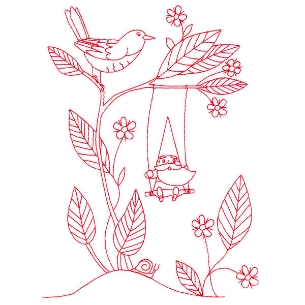 Magical Gnome Scene - Swinging (Redwork)