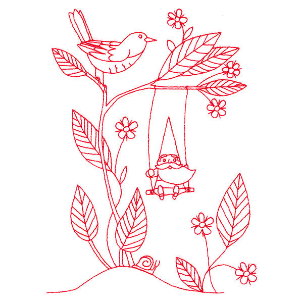 Magical Gnome Scene - Swinging (Redwork)