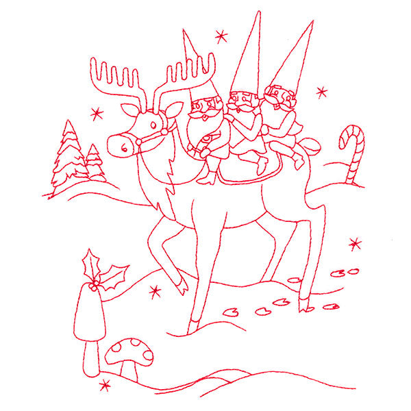 Gnome For The Holidays - Riding a Reindeer (Redwork)