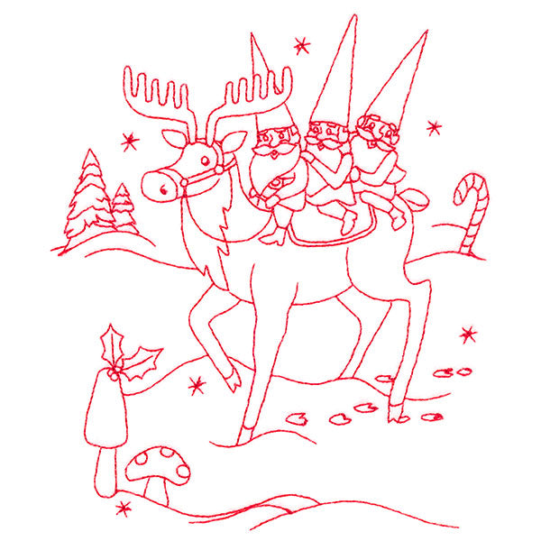 Gnome For The Holidays - Riding a Reindeer (Redwork)