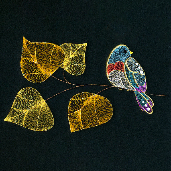 Autumn Treasures - Sparkling Bird and Birch Leaves