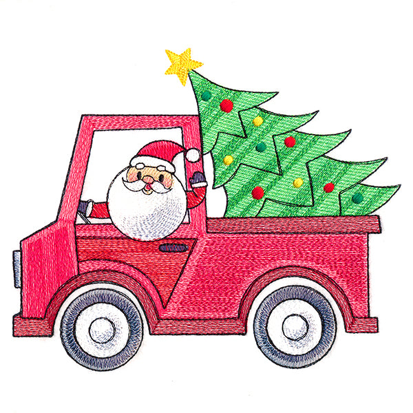 Embroidery design featuring Santa in a red truck with a decorated Christmas tree in the back, shown on fabric.