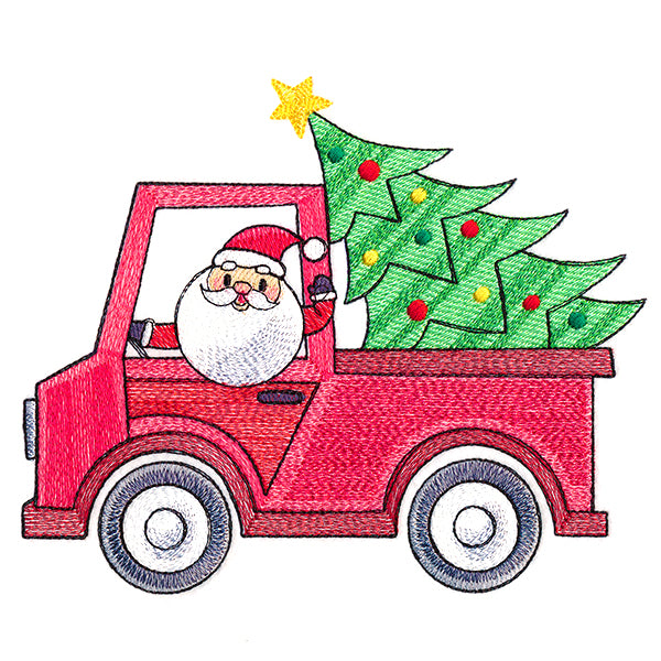 Digitally downloadable machine embroidery design of Santa waving from a red truck carrying a decorated Christmas tree topped with a yellow star.