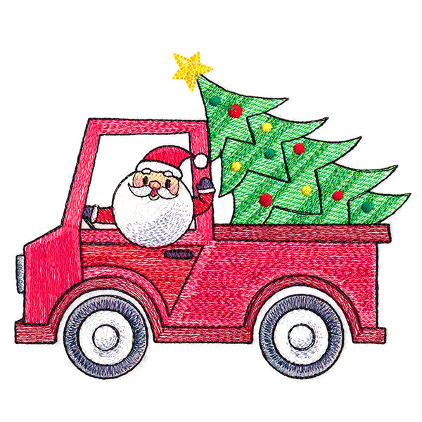 Digitally downloadable machine embroidery design of Santa driving a red truck carrying a decorated Christmas tree with a yellow star on top.
