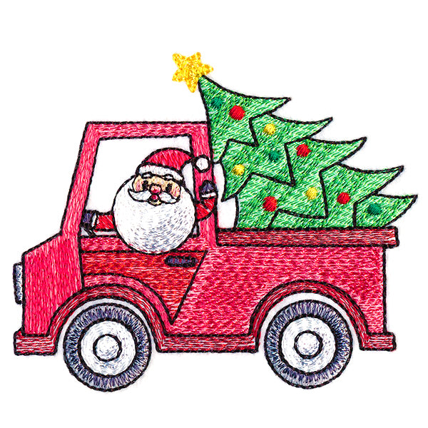 Embroidery design of Santa Claus driving a red truck carrying a decorated green Christmas tree with a yellow star on top, digitally downloadable machine embroidery design.
