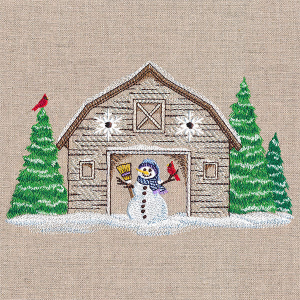 Embroidered barn, snowy trees, snowman, and red birds on beige fabric; digitally downloadable machine embroidery design.