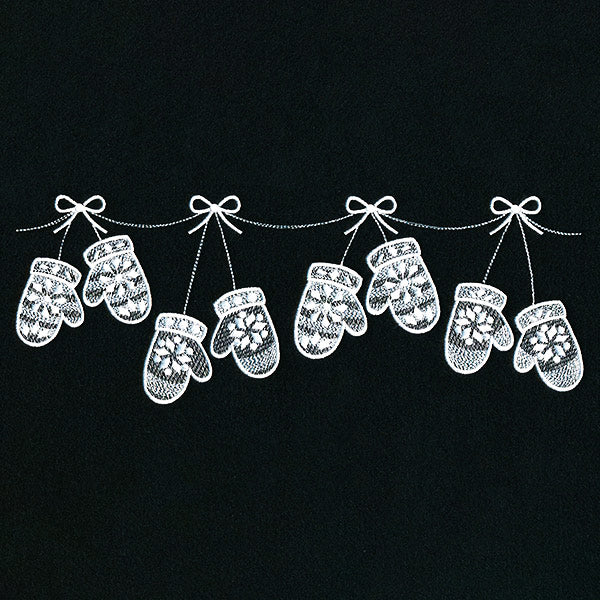 White mittens with stitched patterns hang from a string, forming a border in this digitally downloadable embroidery design.