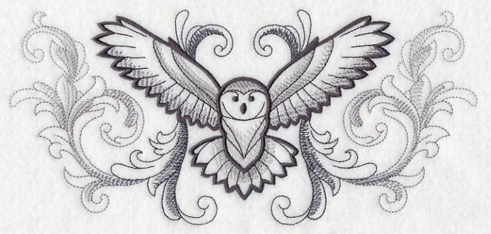 Flying Owl with Baroque Background
