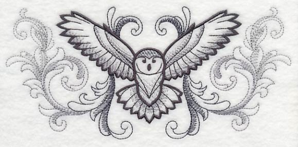 Flying Owl with Baroque Background