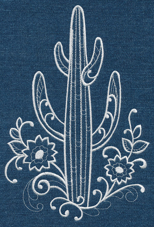Saguaro Cactus and Flowers (Whitework)