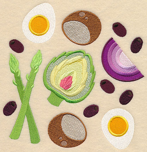 Digitally downloadable machine embroidery design showing asparagus spears, halved boiled eggs, whole olives, halved coconuts, a purple onion wedge, and an artichoke heart.
