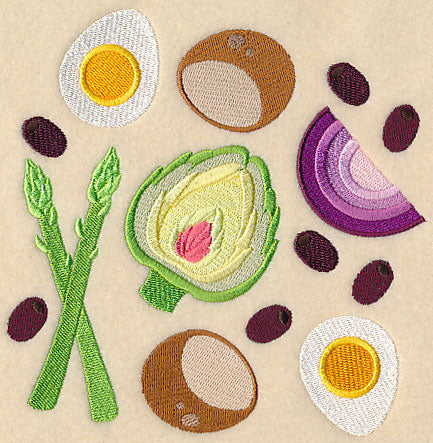 Digitally downloadable machine embroidery design featuring asparagus, artichoke, two halved boiled eggs, red onion wedge, mushrooms, and olive pieces on beige fabric.