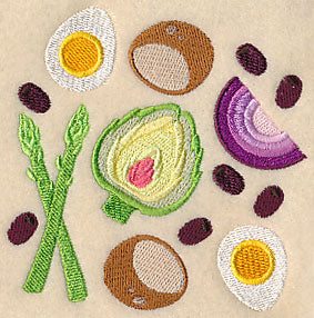 Digitally downloadable machine embroidery design showing a collage of salad ingredients including green beans, halved eggs, artichoke, purple onion, brown olives, and potatoes.