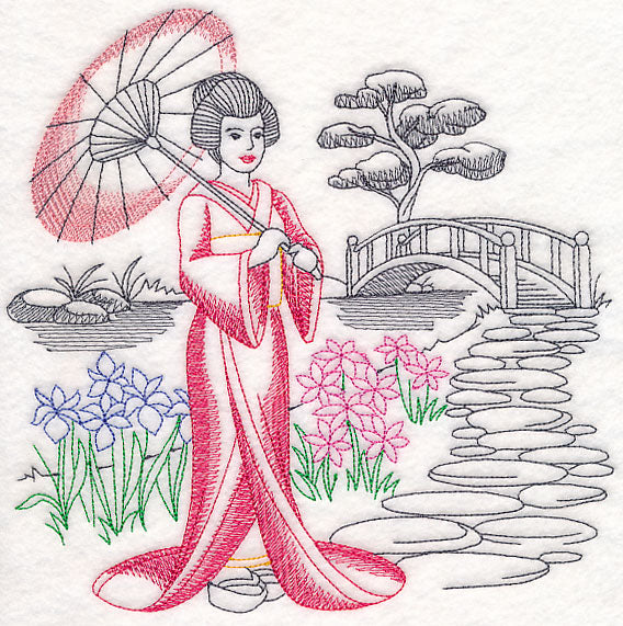 Asian Etching - Geisha and Bridge