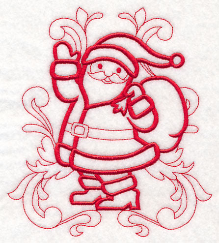 Red linework Santa holding a sack, embroidered on white cotton; digitally downloadable machine embroidery design.