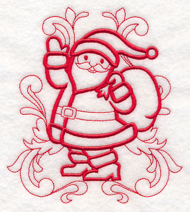 Digitally downloadable machine embroidery design of a doodle-style Santa Claus outlined in red with swirly decorative flourishes surrounding him.