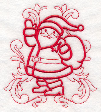 Red line embroidery design of a Santa Claus waving, with a sack on his back and decorative swirls surrounding him, on white fabric.
