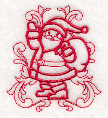 Digitally downloadable machine embroidery design of a doodle Santa Claus outlined in red, carrying a sack and surrounded by decorative flourishes.