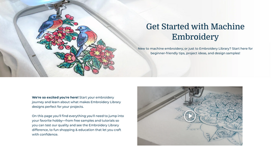 Embroidery Library website welcome center with machine embroidery design and embroidery machine images.