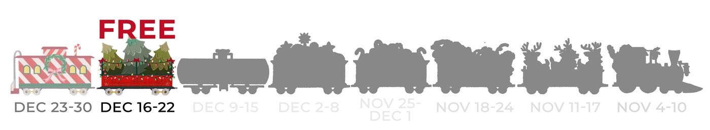 Machine embroidery Christmas train set with promotional start and end dates