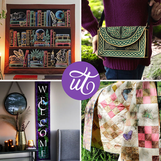 Collage of Urban Threads machine embroidery designs including a bookshelf, in-the-hoop bag, a 'Welcome' sign, and a quilt.