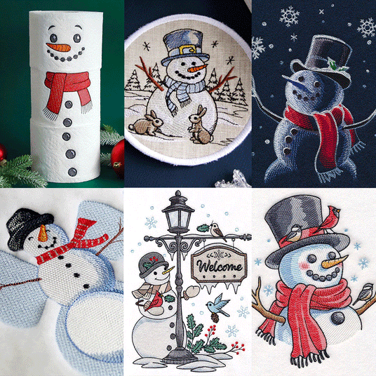 Gif of different machine embroidered snowmen styles from embroidered toilet paper to in-the-hoop coasters.
