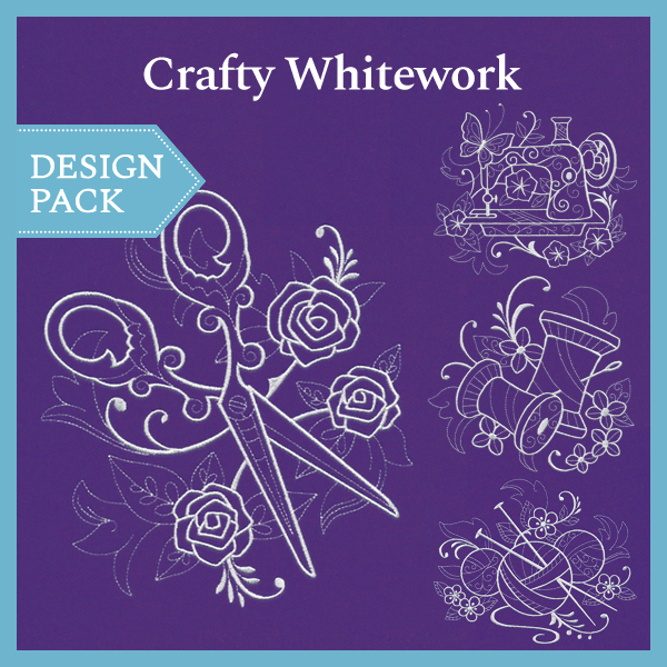Digitally downloadable machine embroidery Design Pack featuring whitework designs of scissors with roses, a sewing machine, thread spools, and a yarn ball with knitting needles on a purple background.