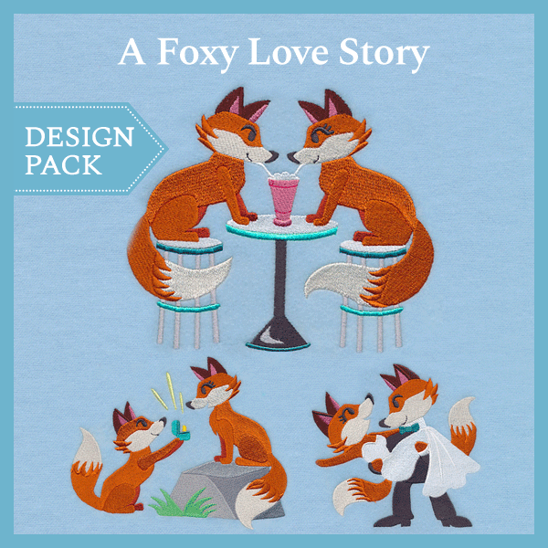 Digitally downloadable machine embroidery Design Pack with a stitched fox couple in wedding attire on a fabric background.