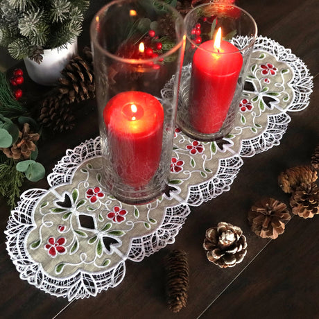 lace edge machine embroidered table runner in a Christmas setting