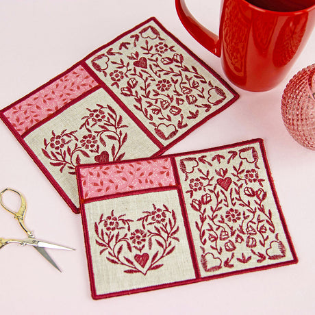 machine embroidered pocket mug rugs