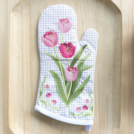 embroidered oven mitt featuring tulips