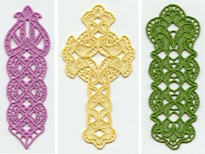 three ornate lace bookmark designs, the middle being a cross