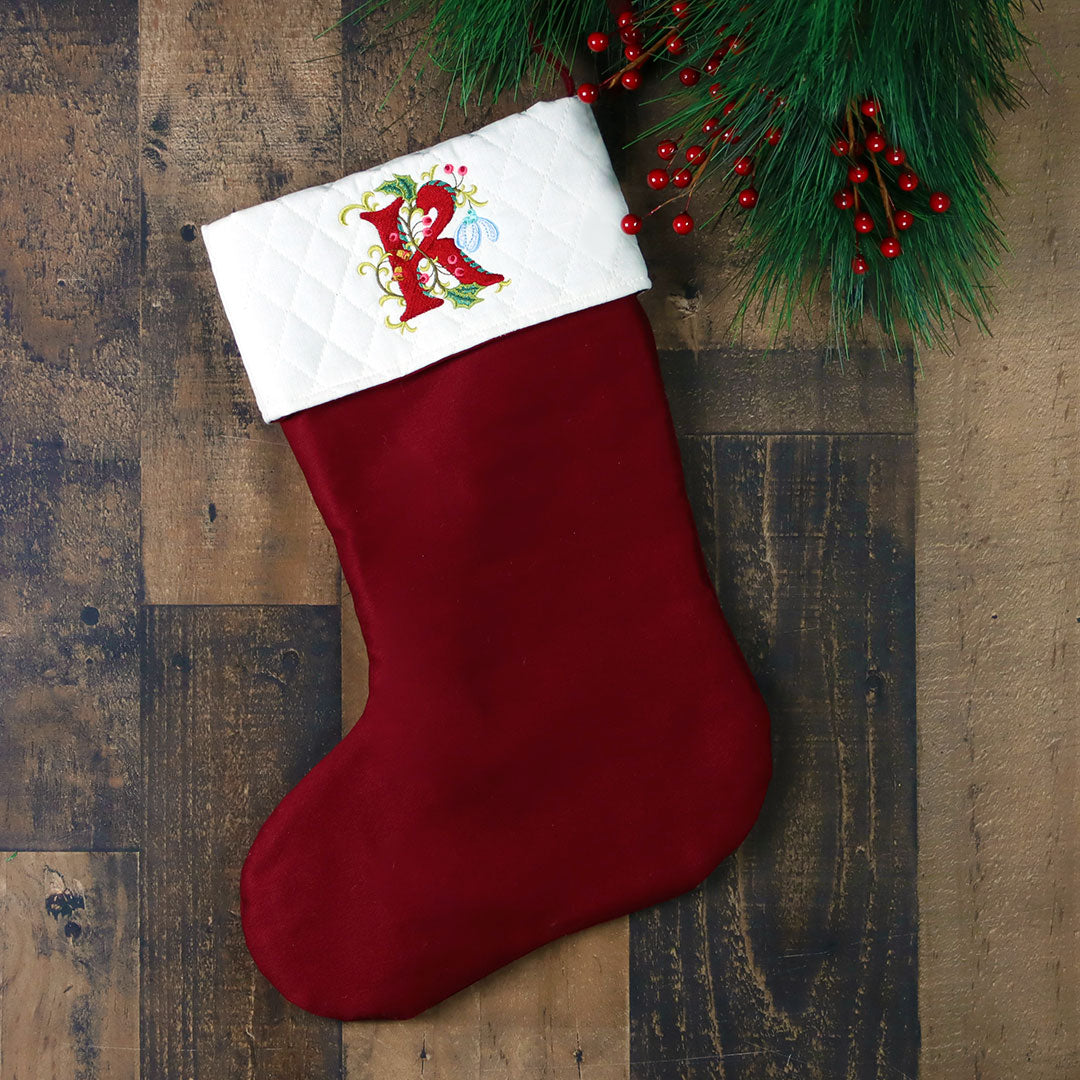 Christmas stocking with embroidered initial "K"