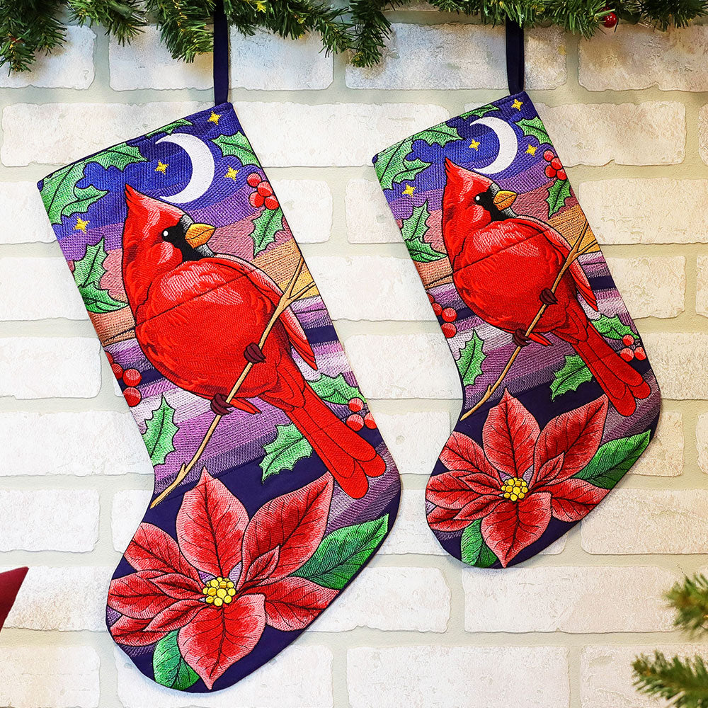 machine embroidered panelled Christmas stockings featuring cardinals