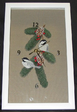 Completed Embroidered Clock Shadowbox project, featuring Winter Chickadees design