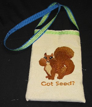 Completed tote bag project featuring Squirrel 'Got Seed?' design