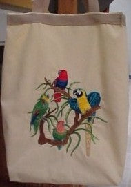 Completed tote bag project featuring Tropical Bird Scene design