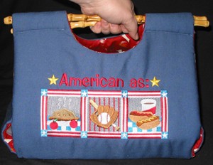 Completed Casserole Carrier project featuring American Icons design