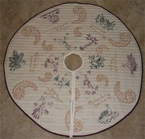 Completed Quilted Toile Tree Skirt project, featuring 12 Days of Christmas Toile design