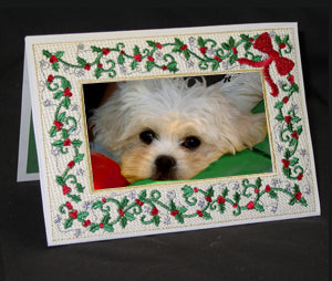 Completed Holiday Photo Frame Card embroidered with Holly Photo Card design